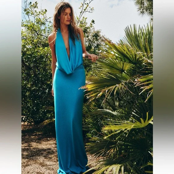 Zara Long Draped Halter Dress Cowl Neckline Electric Blue 8342/364 014/287 - Picture 9 of 10